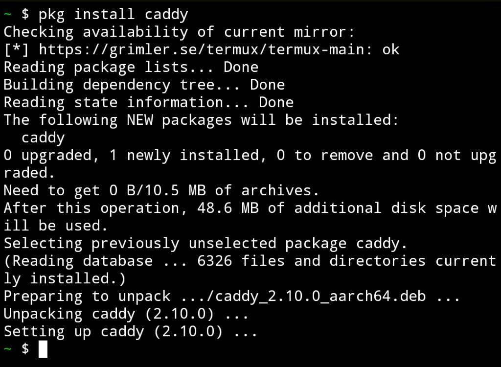 Screenshot of Termux installing Caddy