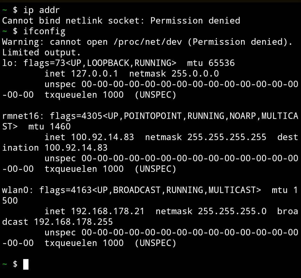 Termux screenshot of ip addr and ifconfig output with permission errors